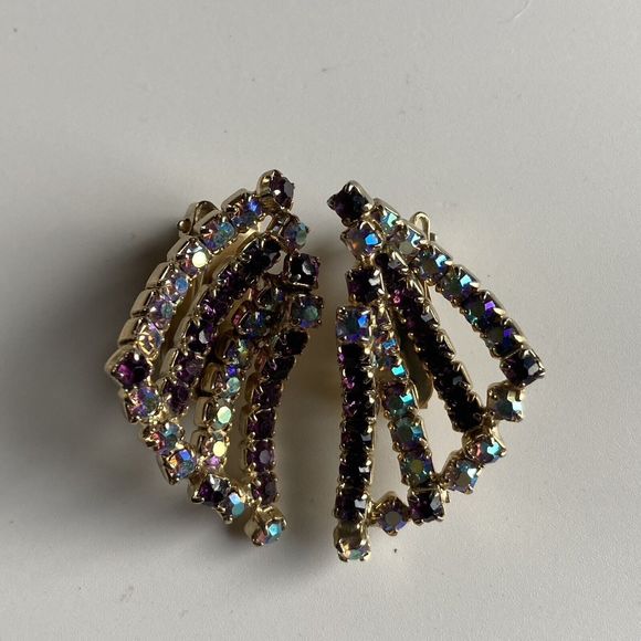 Vintage HOBE Borealis Rhinestone  FAN Clip Earrings Costume Jewelry MCM VTG - Picture 1 of 8